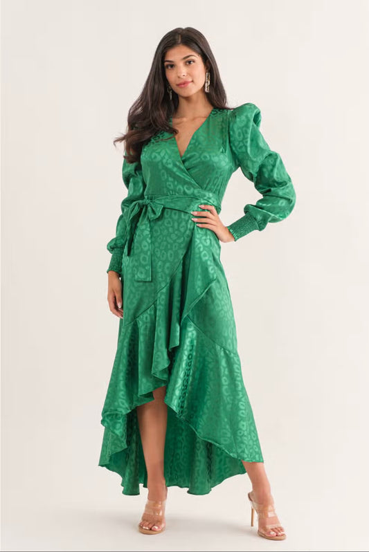 Green Cheetah Wrap Dress